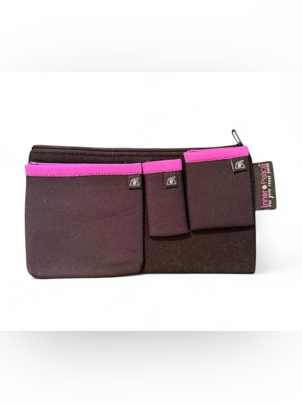 INNER PEACE  black & pink neoprene bag organizer. 3 pockets on each side